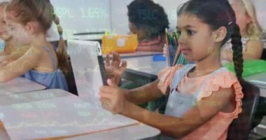Animation of asian girl using digital laptop in classroom over trading board and globe. Digital composite, multiple exposure, education, globalization, investment, childhood, e-learning, technology.