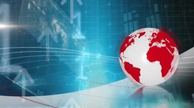 Animation of globe with binary codes, arrows, data processing on digital interface. Digital composite, cloud computing, technology, finance, economy, global business, development, coding.