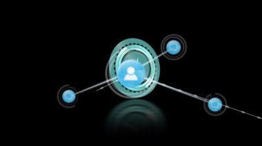 Animation of network of connections with icons over moving clock on black background. Global technology, connections and digital interface concept digitally generated video.