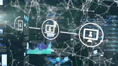 Animation of technology icons, connecting dots with data, graphs processing on digital interface. Digital composite, wireless technology, finance, economy, business, development, connect the dots.