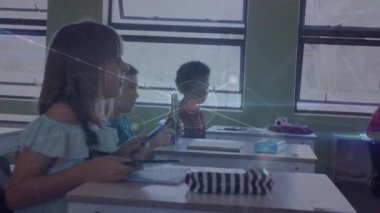 Animation of network of connections over diverse schoolchildren. Global education, connections and digital interface concept digitally generated video.