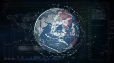 Animation of network of connections over spinning globe against interface with data processing. Computer interface and business technology concept