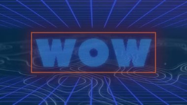 Animation of wow text with blue lines over white lines on blue background. Social media and digital interface concept digitally generated video.