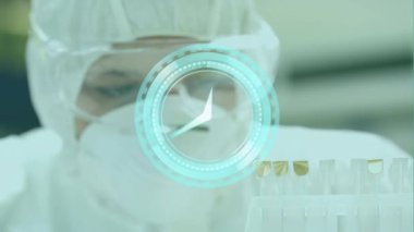 Animation of moving clock over caucasian female scientist. Global science, computing and digital interface concept digitally generated video.