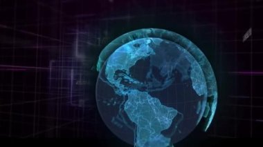Animation of globe with numbers on futuristic digital interface. Digital composite, artificial intelligence, global communication, technology, finance, networking, data processing.