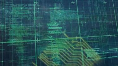 Animation of data processing with connecting dots, hud elements on digital interface. Digital composite, artificial intelligence, communication, cloud computing, technology, finance, economy, coding.