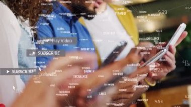 Animation of network of connections and texts over diverse people using smartphones. Global social media, technology and digital interface concept digitally generated video.