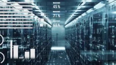 Animation of statistical data processing and mosaic squares over computer server room. Business data storage technology concept