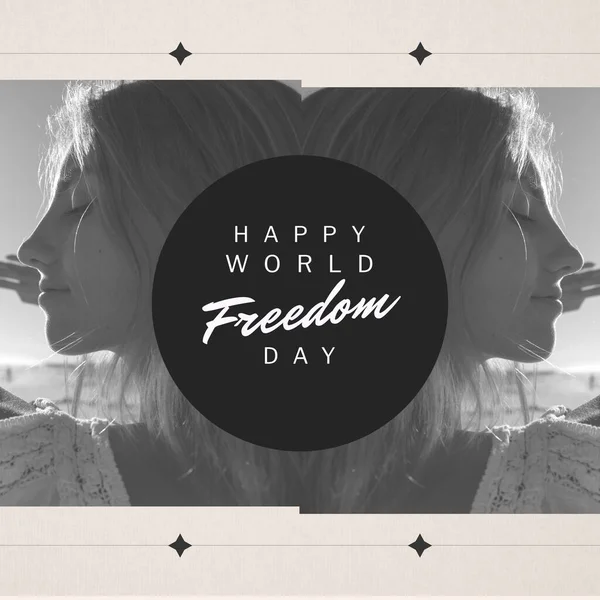 Digital Composite Image Caucasian Young Woman Happy World Freedom Day — Stock Photo, Image