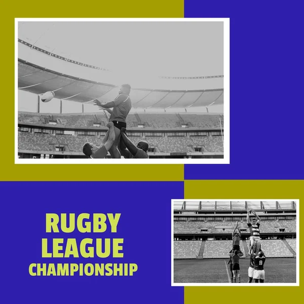 Composition of rugby league championship text over diverse male rugby players. Rugby league championship and celebration concept digitally generated image.