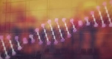 Animation of moving columns over data processing on orange background. Global science research and data processing concept digitally generated video.