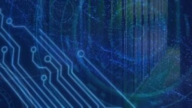 Animation of blue particles moving around hud elements on digital interface. Digital composite, artificial intelligence, communication, cloud computing, technology, abstract, creativity.