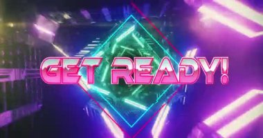 Animation of get ready text over neon tunnel. Social media, technology and digital interface concept digitally generated video.