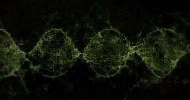Animation of dna helix with mathematics formulas and geometry angles over black background. Digitally generated, multiple exposure, genetic, forecasting, artificial intelligence, machine learning.