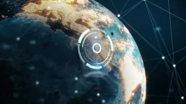 Animation of round scanner and network of connections over spinning globe against blue background. Global networking and business technology concept