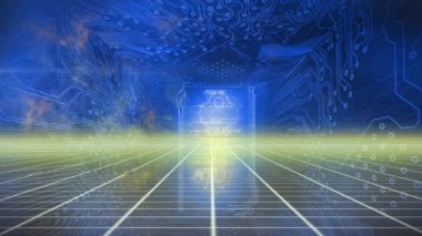 Animation of light spot over grid network against microprocessor connections on blue background. Global networking and business technology concept