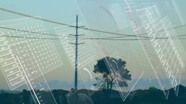 Animation of data processing over cityscape. Global networking and technology concept.