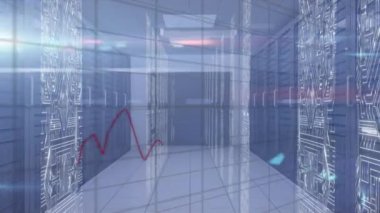 Animation of statistical data processing and microprocessor connections over computer server room. Business data storage technology concept