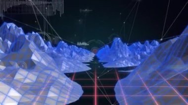 Animation of network of connections with data processing over digital mountains on black background. Global technology, computing and digital interface concept digitally generated video.