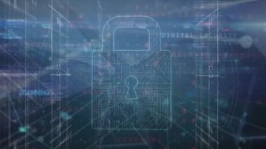 Animation of data processing, network connecting dots with lock icon against solar power station. Digital composite, technology, power generation, sustainable energy, network security.