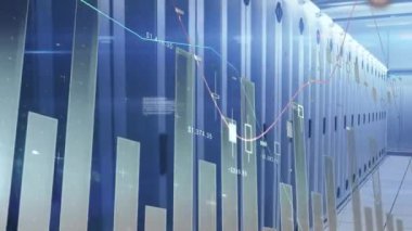 Animation of statistical data processing over empty computer server room. Business data storage technology concept