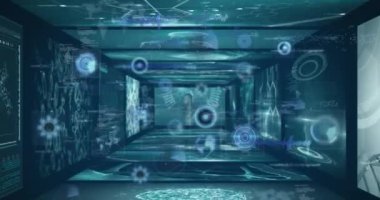 Animation of robotic arm over data processing on black background. Global technology, computing and digital interface concept digitally generated video.