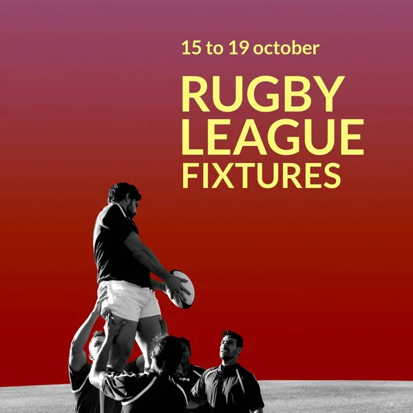 Composition of rugby league fixtures text over diverse male rugby players. Rugby league fixtures and celebration concept digitally generated image.