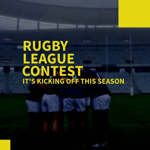Composition of rugby league contest text over diverse male rugby players at stadium. Rugby league contest and celebration concept digitally generated image.