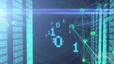 Animation of binary codes zooming on data processing with icon connecting dots on digital interface. Digital composite, cloud computing, technology, finance, economy, business, development.