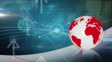 Animation of globe over network of connections, data processing and arrows. Global technology, computing and digital interface concept digitally generated video.