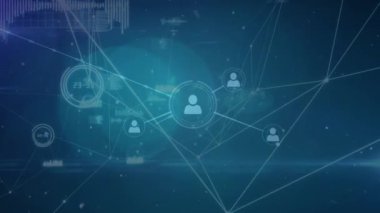 Animation of network of connections with data processing over snow falling and glowing spots. Global technology, computing and digital interface concept digitally generated video.