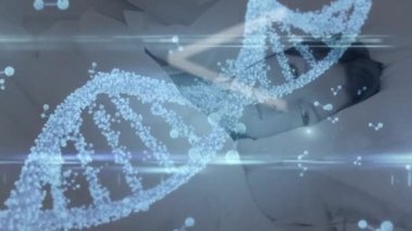 Animation of mathematical symbols and dna helix, nucleotides over caucasian woman lying on bed. Digital composite, multiple exposure, relaxation, science, research, molecule, genetic, technology.