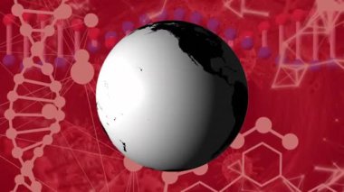 Animation of globe rotating over dnx helix, molecule structure and biological cells. Digitally generated, illustration, globalization, micro organism, genetic, bacterium, healthcare and medical.