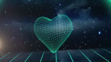 Animation of heart icon over grid network against shining stars in the space. Computer interface and business technology concept