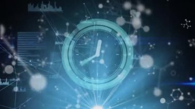 Animation of clock over network of connections and globe. Global networking and cyber security technology concept.