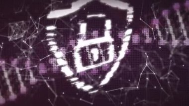 Animation of padlock in shield, dna helix with light flare and dots interconnecting with lines. Digitally generated, hologram, security, research, communication and technology concept.
