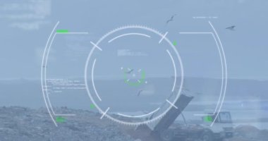 Animation of graphical circle rotating with data over garbage on landfill against clear sky. Digital composite, multiple exposure, infographic, recycling, pollution, waste management, conservation.
