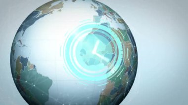 Animation of clock moving and icons over globe. Global business and digital interface concept digitally generated video.