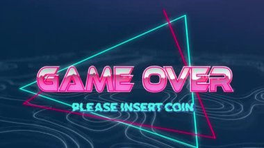 Animation of game over please insert coin text over white lines on blue background. Social media and digital interface concept digitally generated video.