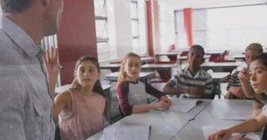 Animation of caucasian teacher with multiracial students in classroom over infographic interface. Digital composite, multiple exposure, education, investment, reports, data, technology, childhood.