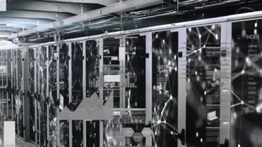 Animation of statistical data processing and network of connections over computer server room. Business data storage technology concept