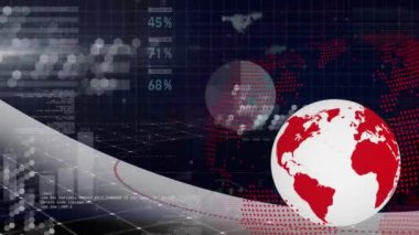 Animation of globe with graph, charts, grids on futuristic digital interface. Digital composite, artificial intelligence, global communication, technology, data processing, finance, economy.