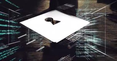 Animation of padlock and data processing over people shadows. Global business, finances and digital interface concept digitally generated video.