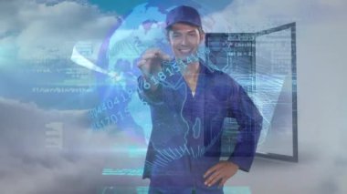 Animation of globe, data processing over caucasian auto mechanic showing keys to against clouds. Digital composite, multiple exposure, global business, auto mobile industry, cloud computing.