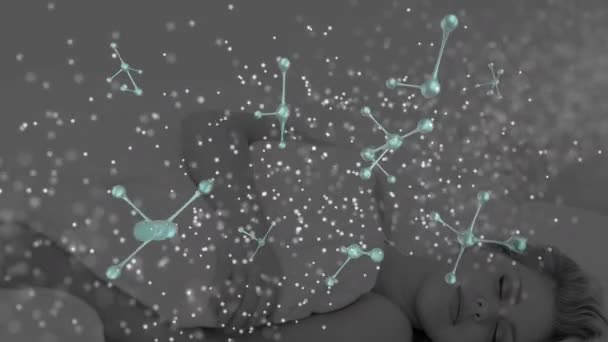 Animation Floating Dots Forming Dna Helix Molecule Sleeping Cauasaian Woman — Stock Video