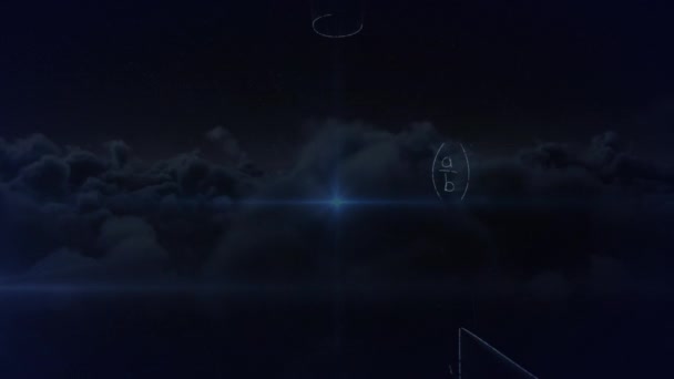 Animation Mathematical Equations Blue Light Spot Dark Clouds Computer Interface — Vídeo de Stock