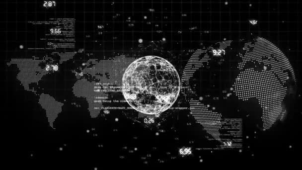Animation Data Processing Spinning Globe World Map Black Background Global — kuvapankkivideo