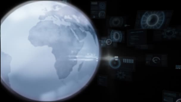 Animation Spinning Globe Scanners Data Processing Black Background Global Networking — Stock video