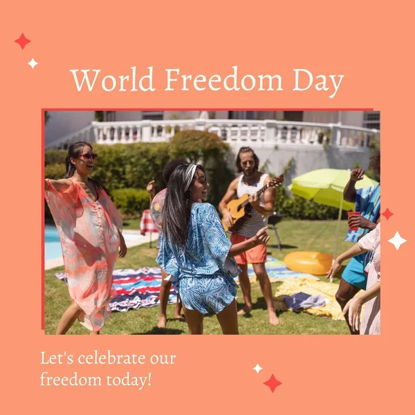 Multiracial friends enjoying music and dancing in backyard with world freedom day text in frame. Digital composite, celebration, victory over communism, holiday, freedom, enjoyment.