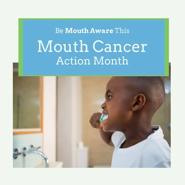 African american boy brushing teeth with mouth cancer action month text in frame, copy space. Digital composite, oral health, healthcare, raise awareness, early detection and prevention.